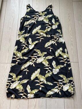 Hilo Hatties Hawaiian original tropical maxi dress dark grey green leaves vtg XL